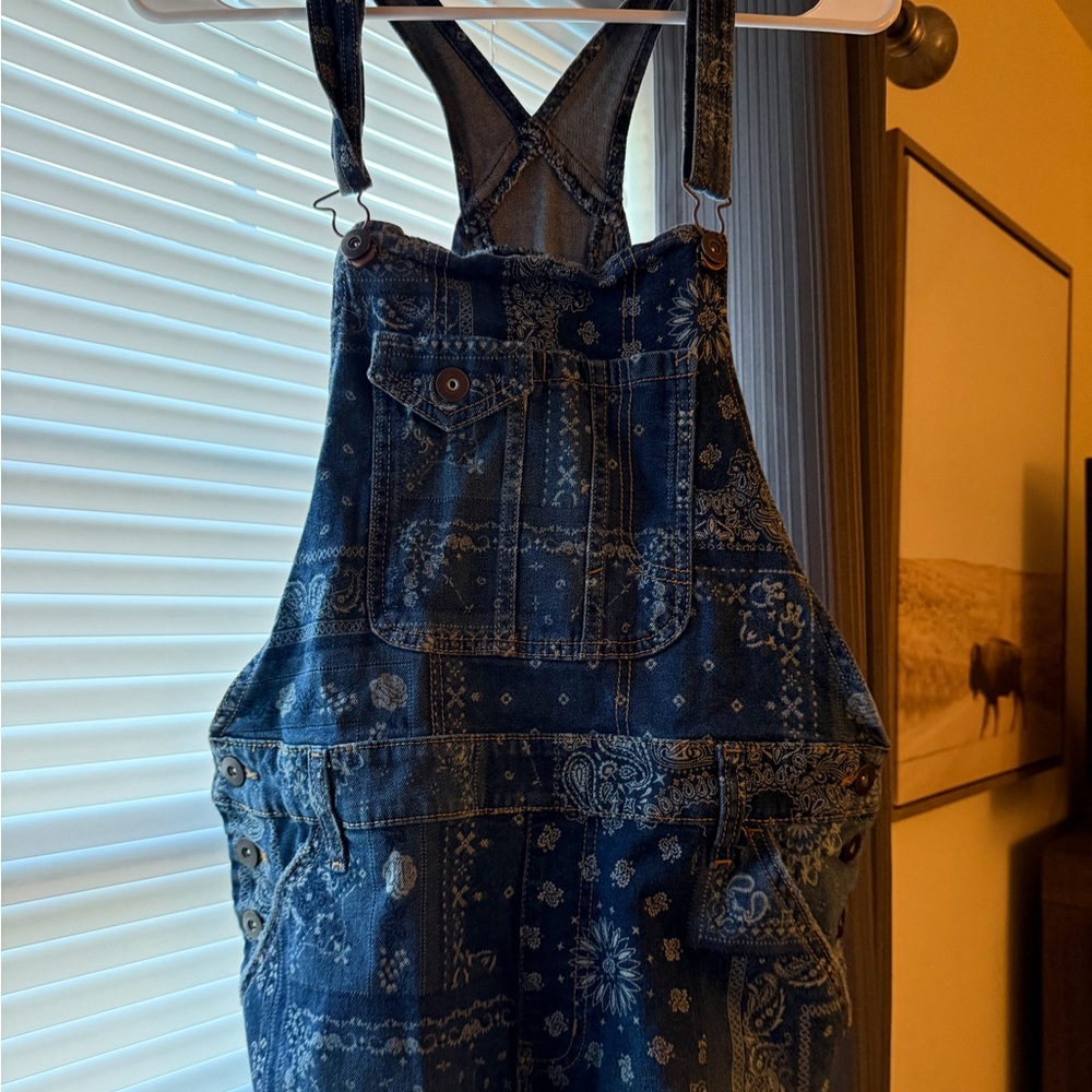 No Boundaries Denim Overalls with Paisley Design